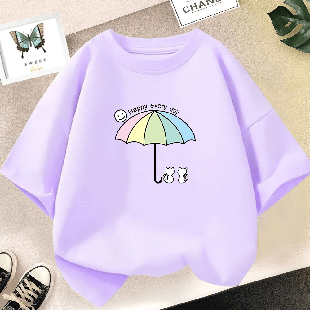 Kids Pastel Umbrella Cats Graphic O-Neck T-Shirt - SF3895 with cute cartoon umbrella and kitty print on a lilac tee for children.