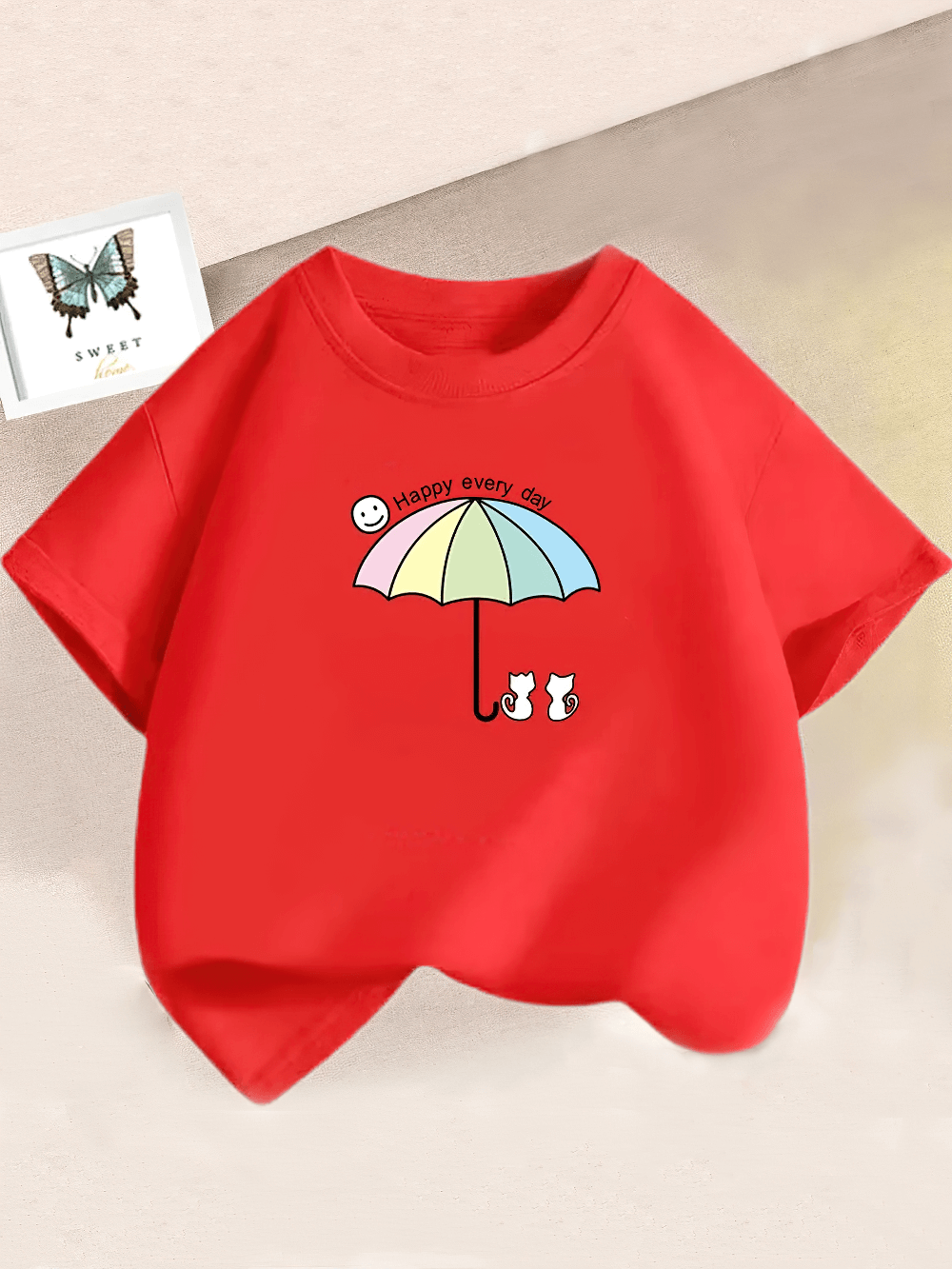 Kids Pastel Umbrella Cats Graphic O-Neck T-Shirt - SF3895, red tee with cartoon umbrella and cats, 