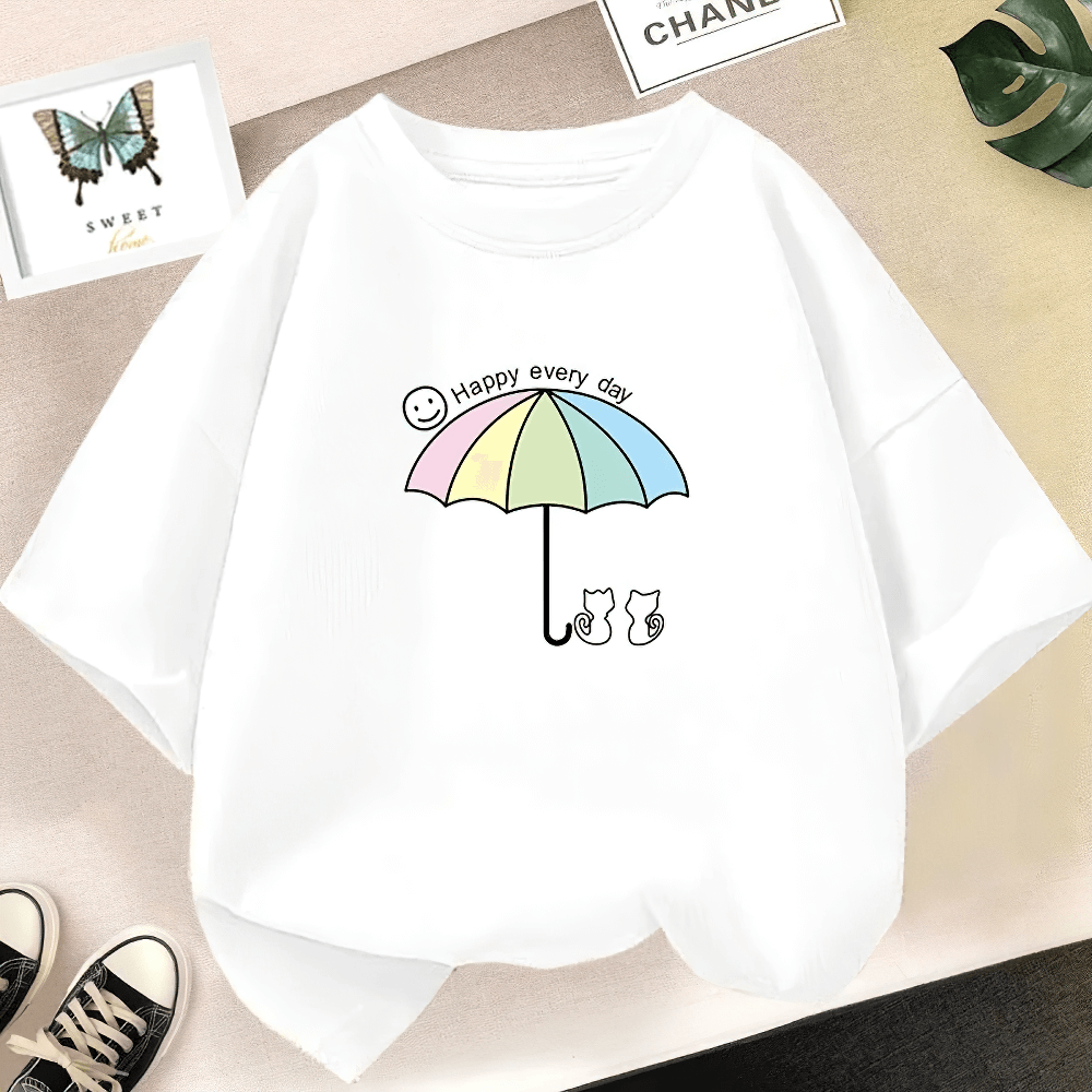 Kids Pastel Umbrella Cats Graphic O-Neck T-Shirt - SF3895 with cute kitty and rainbow umbrella print on white background.