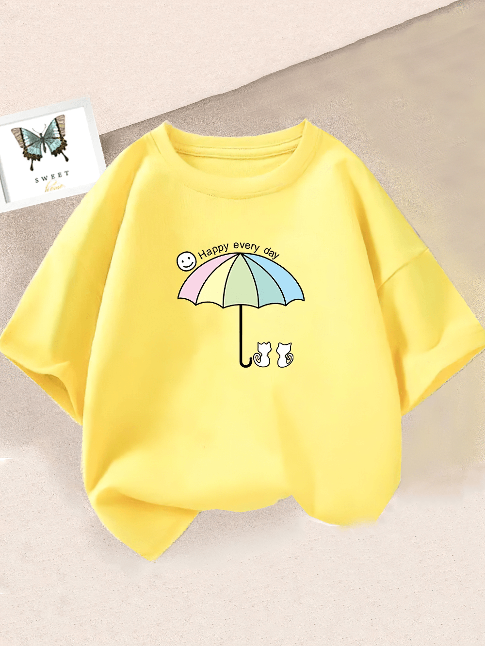 Kids Pastel Umbrella Cats Graphic O-Neck T-Shirt - SF3895 with cute cartoon and 