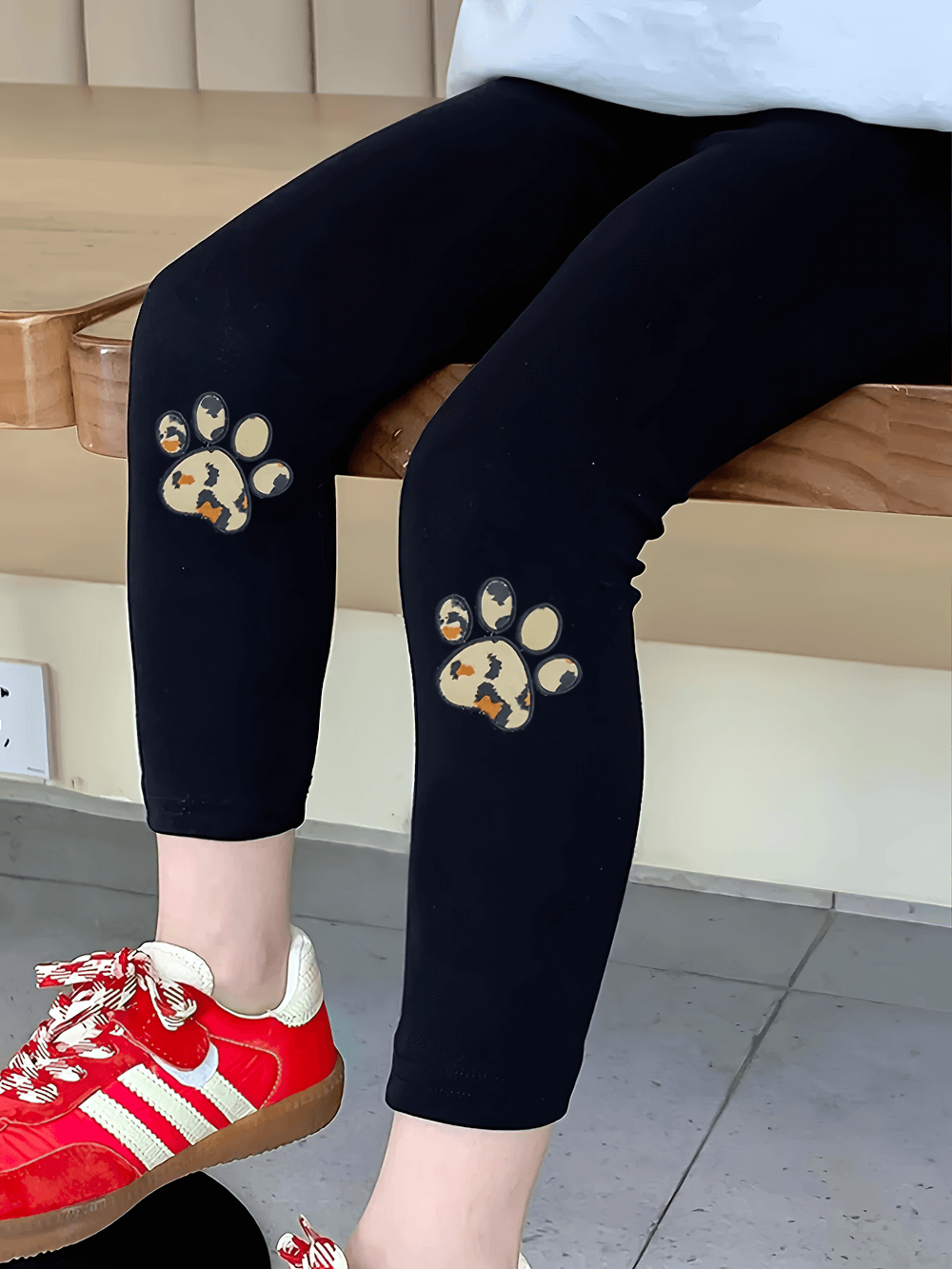 Kids Paw Print Sport Leggings with Stretch Waist - SF3796 featuring playful paw print design for active girls.