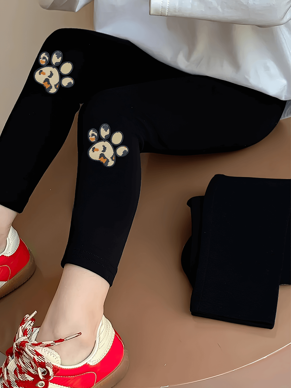 Kids Paw Print Sport Leggings with Stretch Waist - SF3796 featuring playful paw design and high-elastic waist for active movement.