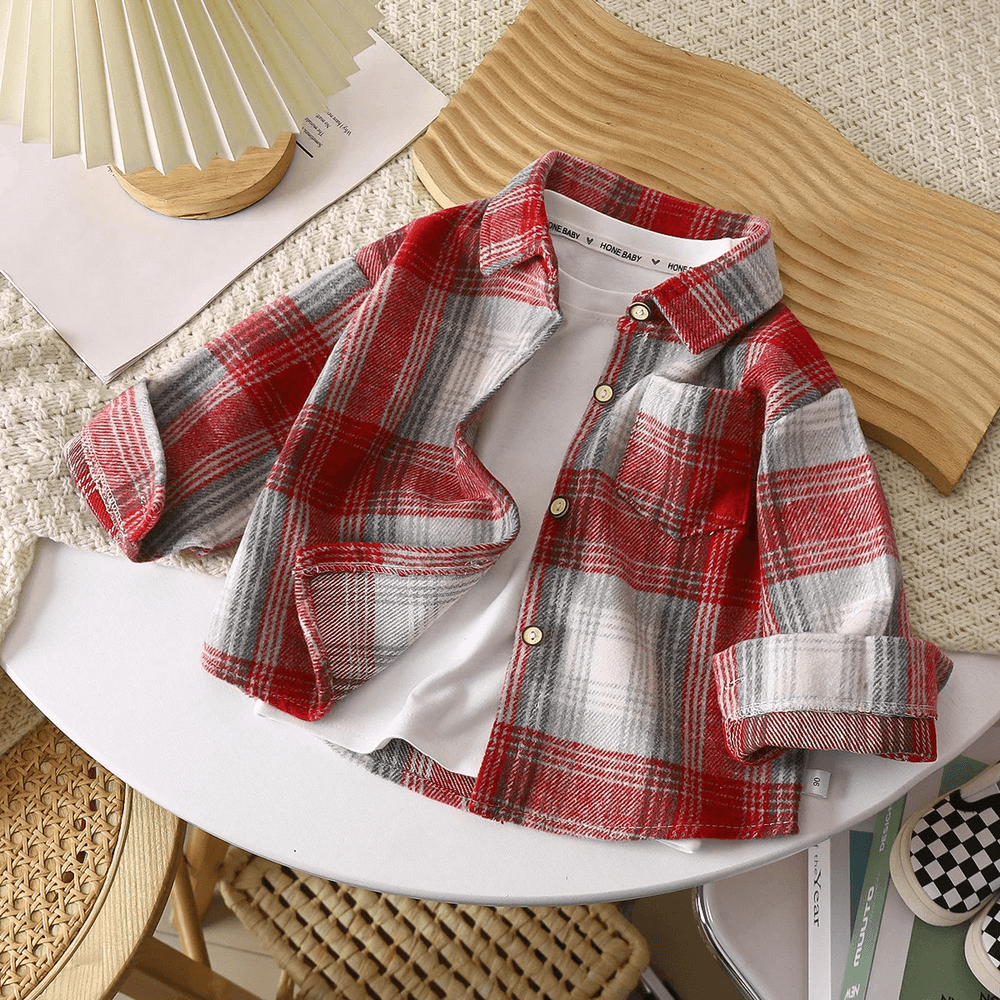 Kids Plaid Flannel Cotton Shirt with Buttons - SF3513 in red and gray, perfect for spring layering with a classic design and rollable cuffs.