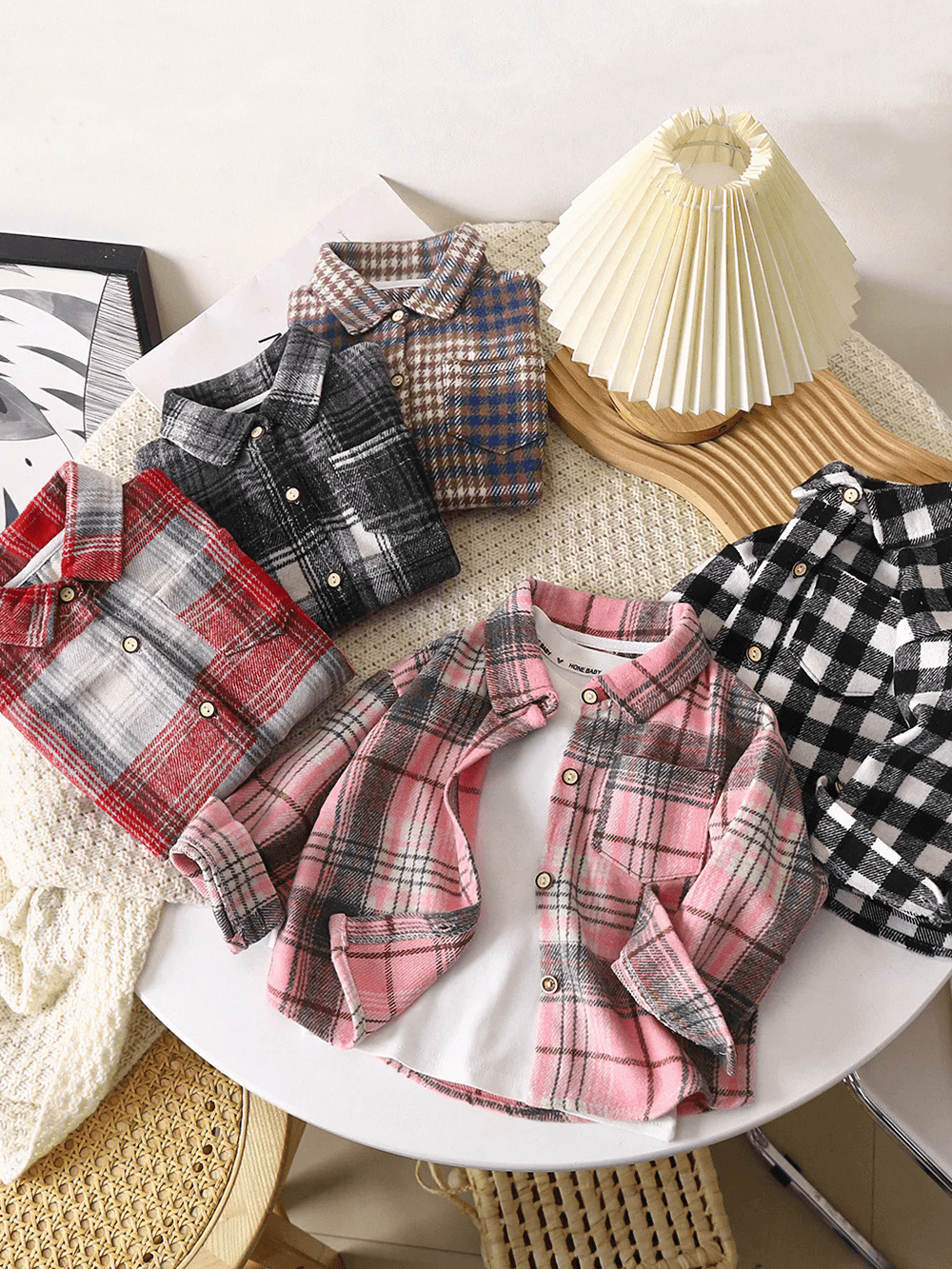 Kids Plaid Flannel Cotton Shirt with Buttons - SF3513 in various colors on display table