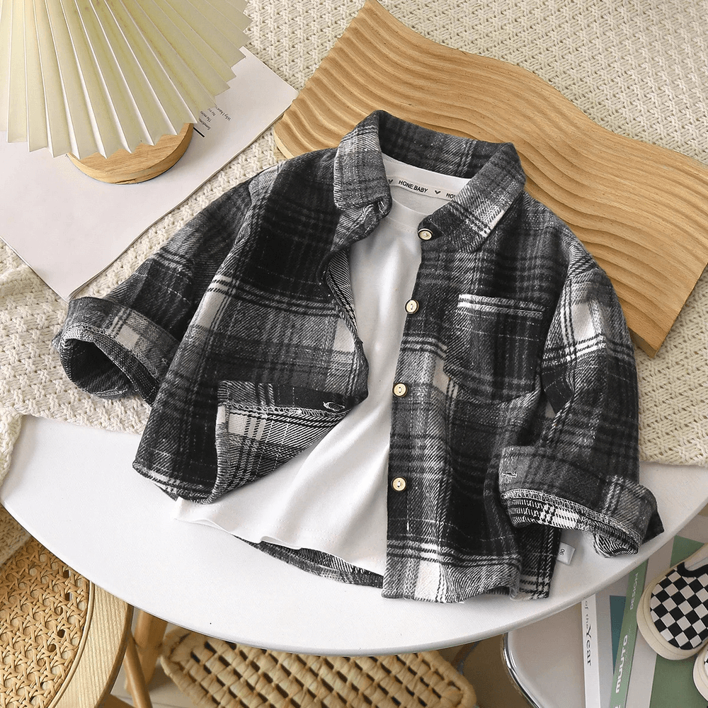 Kids Plaid Flannel Cotton Shirt with Buttons - SF3513 in black and white, classic lapel and chest pocket, great for layering