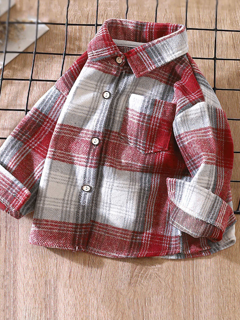 Kids Plaid Flannel Cotton Shirt with Buttons - SF3513 in red and grey on display.