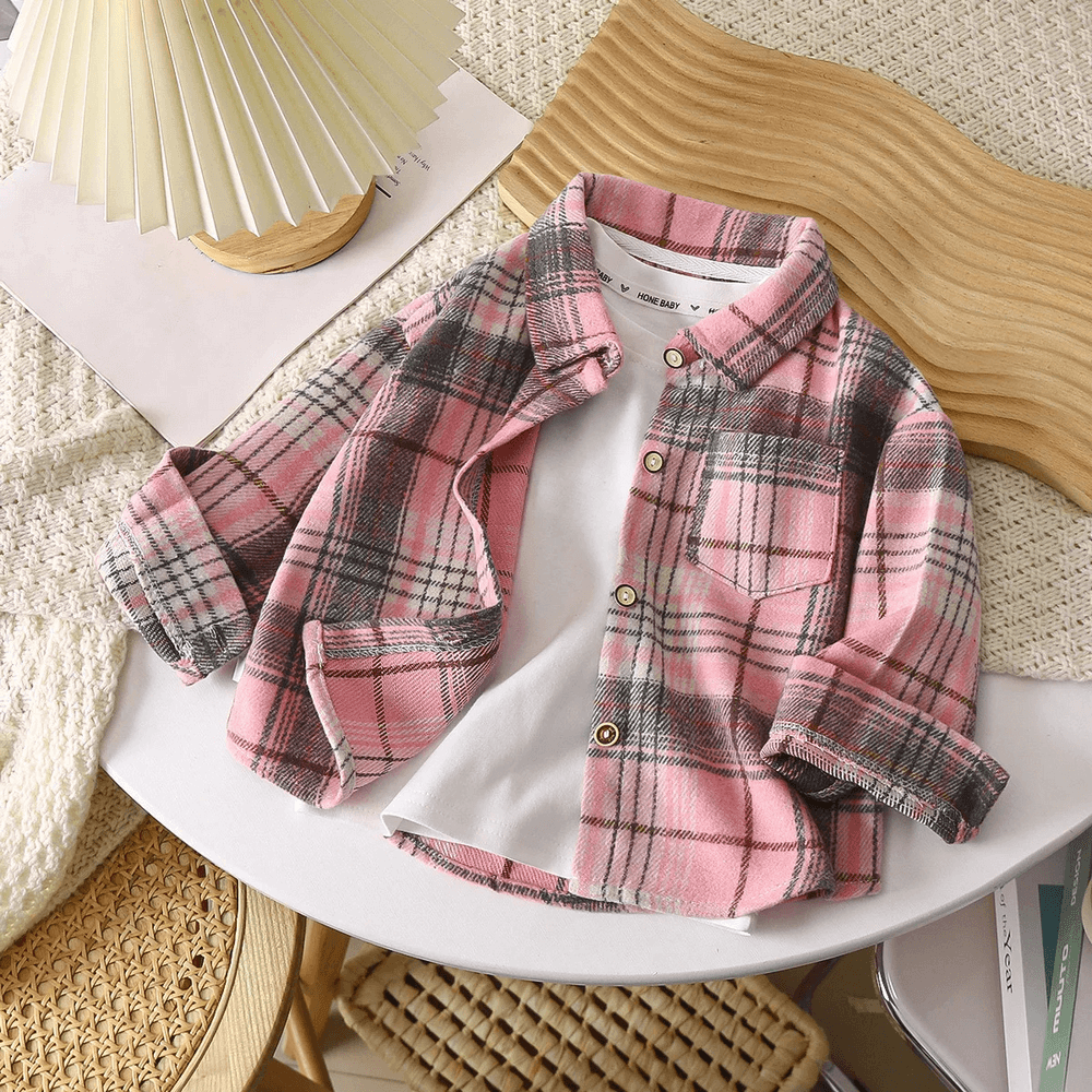 Kids Plaid Flannel Cotton Shirt with Buttons - SF3513; pink and gray plaid, long sleeves, chest pocket, perfect for layering in spring and fall.