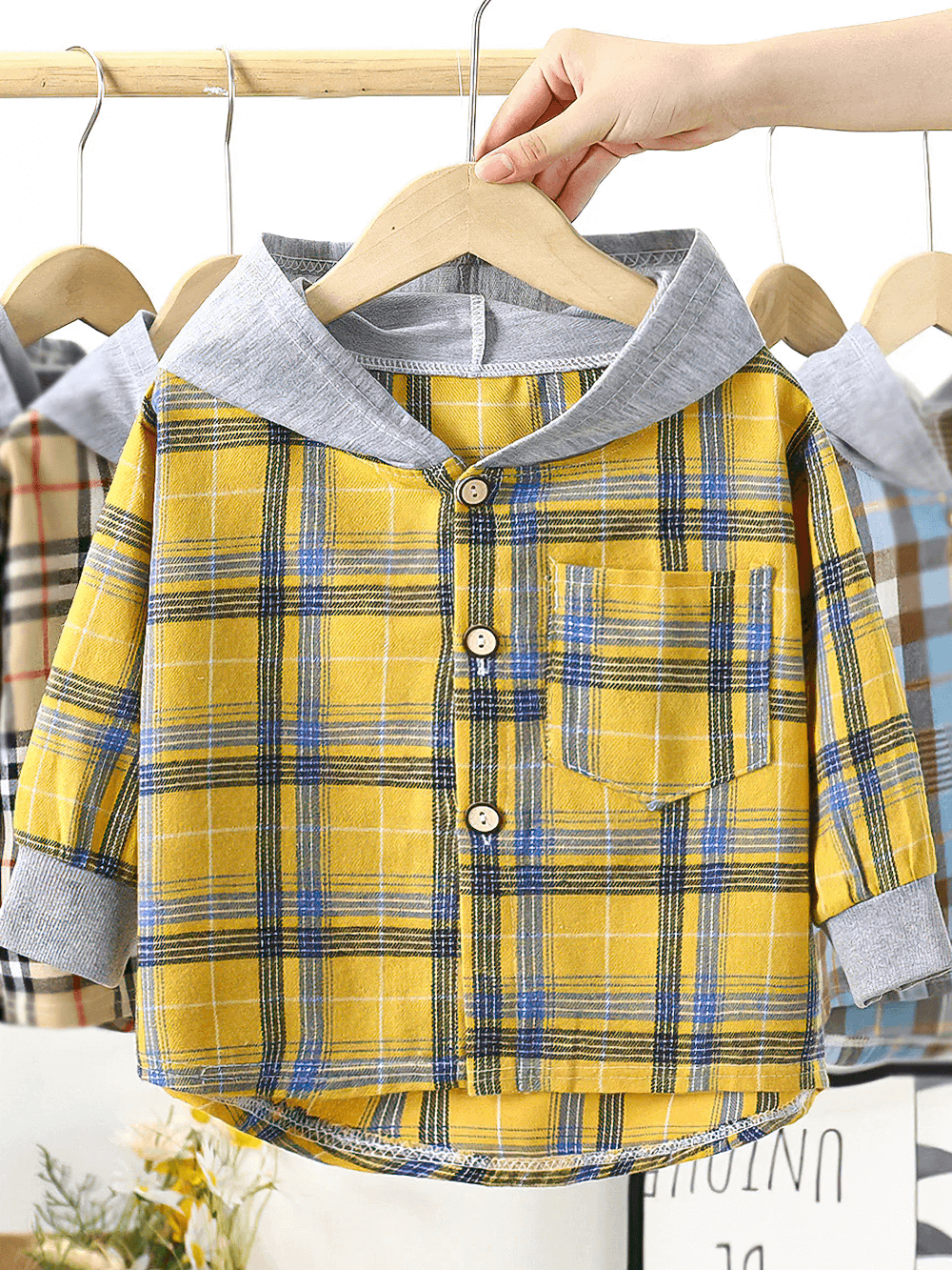 Kids Plaid Hooded Shirt for Boys and Girls - SF3526 in yellow and blue checkered pattern, perfect for casual everyday wear.