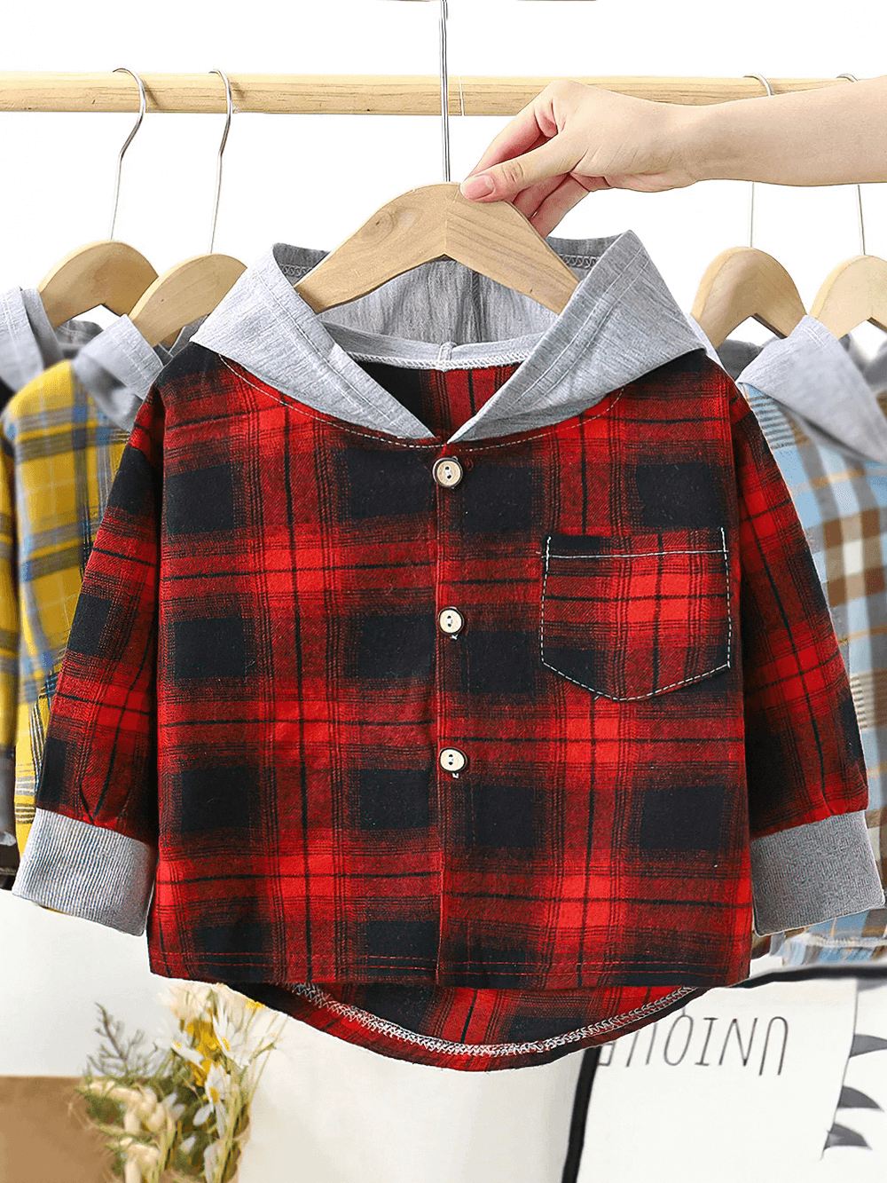 Kids Plaid Hooded Shirt for Boys and Girls - SF3526 red checkered button-up with gray hood, perfect for playful casual wear.