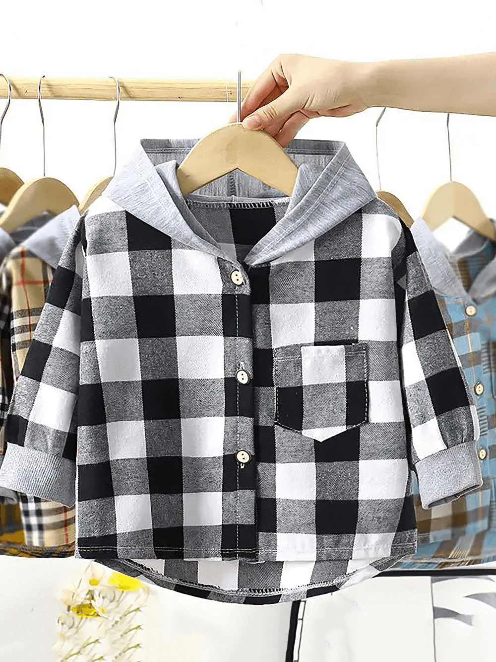 Kids Plaid Hooded Shirt for Boys and Girls - SF3526, cute black and white checkered hoodie with buttons, perfect for school or play.