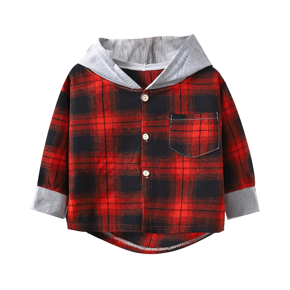 Kids Plaid Hooded Shirt for Boys and Girls - SF3526 in red plaid, long sleeves, button-up front, and a playful hood for casual wear.