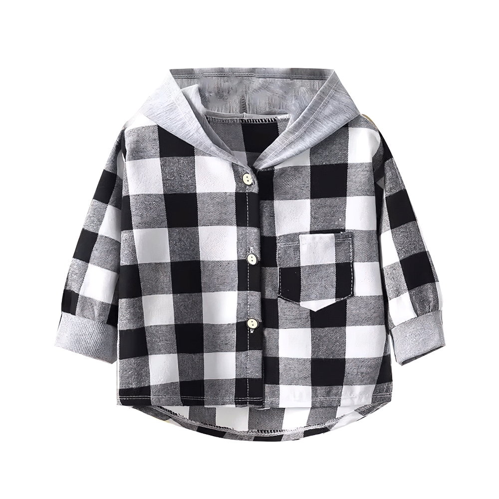 Kids Plaid Hooded Shirt for Boys and Girls - SF3526, black and white checkered button-up hoodie with long sleeves and front pocket