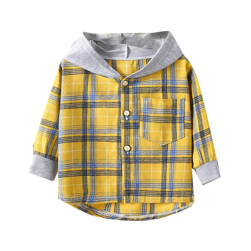 Yellow Kids Plaid Hooded Shirt for Boys and Girls - SF3526, stylish button-up hoodie with long sleeves and cuff details.