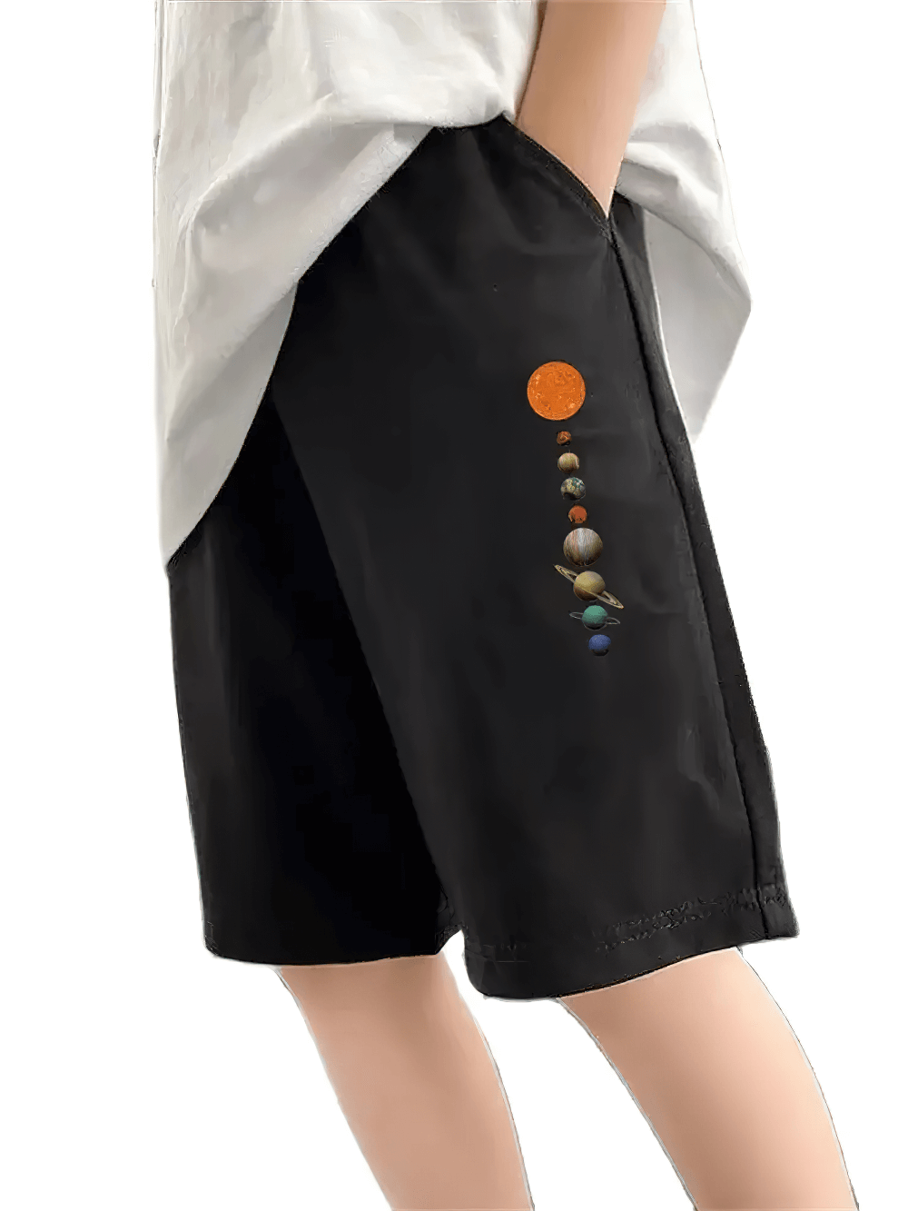 Child wearing Kids Planet Graphic Sports Shorts With Pockets - SF3823 featuring solar system design and black color.