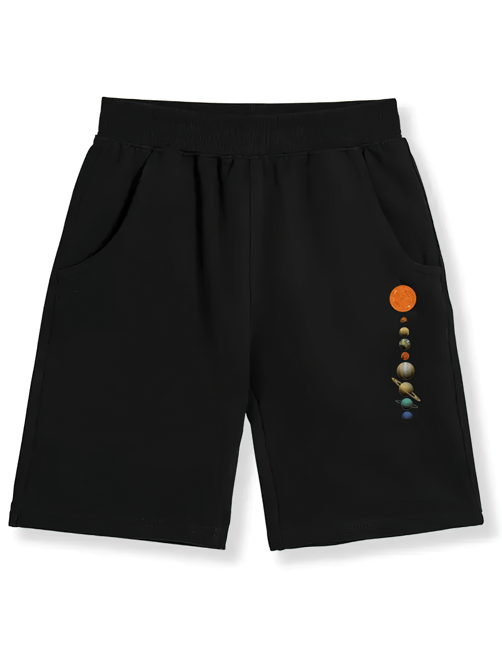 Kids Planet Graphic Sports Shorts With Pockets - SF3823 featuring solar system print on black cotton with pockets and drawstring.