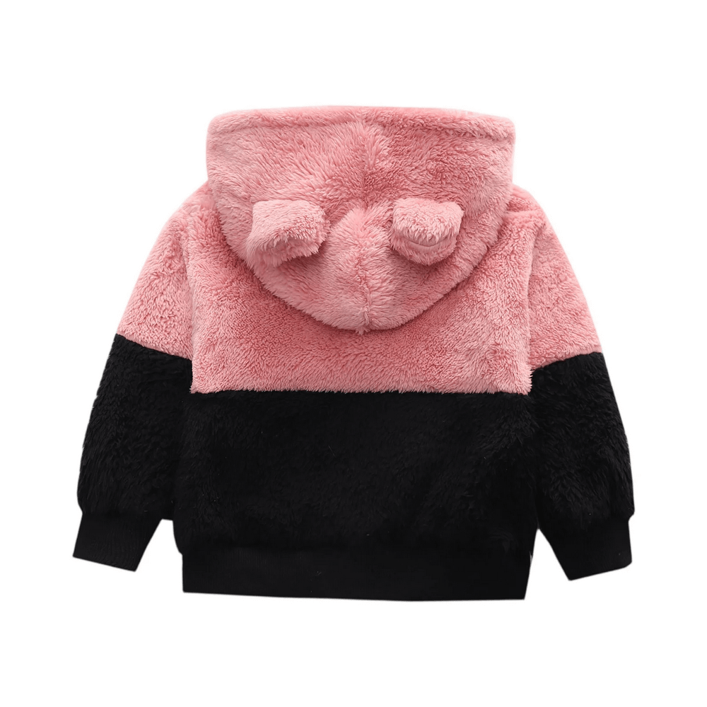 Kids Plush Hoodie with Cute Bear Ears Design - SF3896, pink and black fuzzy children's pullover with bear ear hood for warm winter wear.