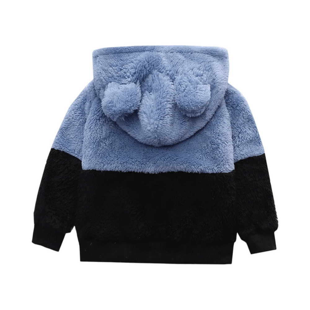 Kids Plush Hoodie with Cute Bear Ears Design - SF3896 in blue and black fuzzy fabric, perfect for boys and girls on chilly days.