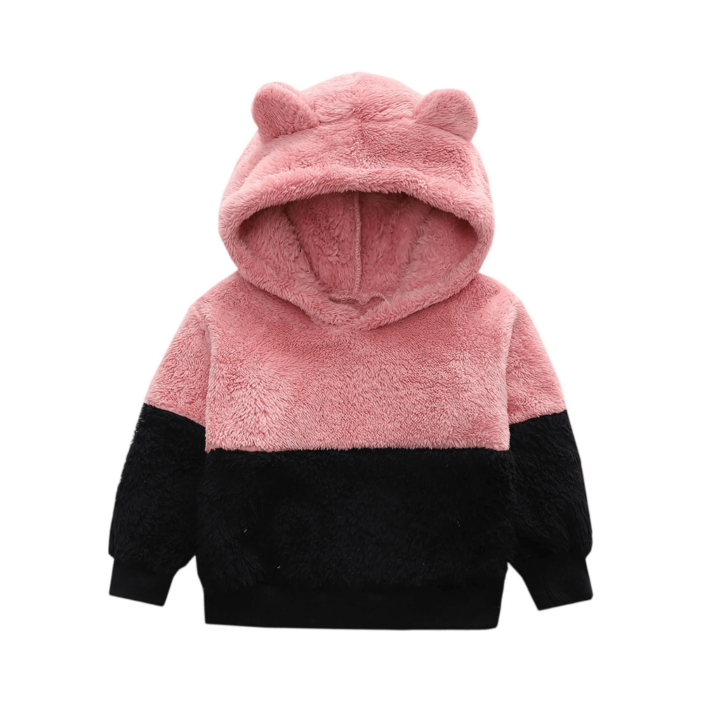 Kids Plush Hoodie with Cute Bear Ears Design - SF3896 in pink and black, featuring a cozy fuzzy texture and long sleeves for winter warmth.