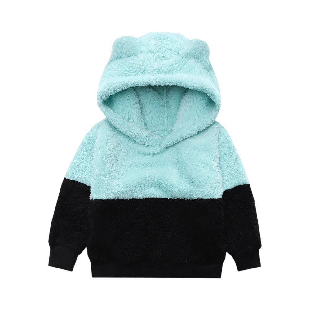 Kids Plush Hoodie with Cute Bear Ears Design - SF3896, fuzzy blue and black pullover for boys and girls, cozy winter style, front view.