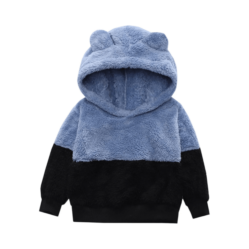 Kids Plush Hoodie with Cute Bear Ears Design - SF3896 in blue and black color block, fuzzy warm pullover for children, long sleeves