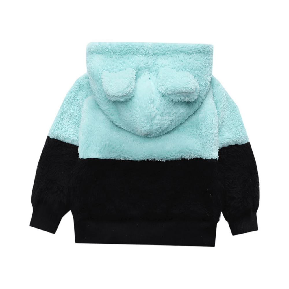 Kids Plush Hoodie with Cute Bear Ears Design - SF3896, fuzzy blue and black hoodie with bear ears for children.
