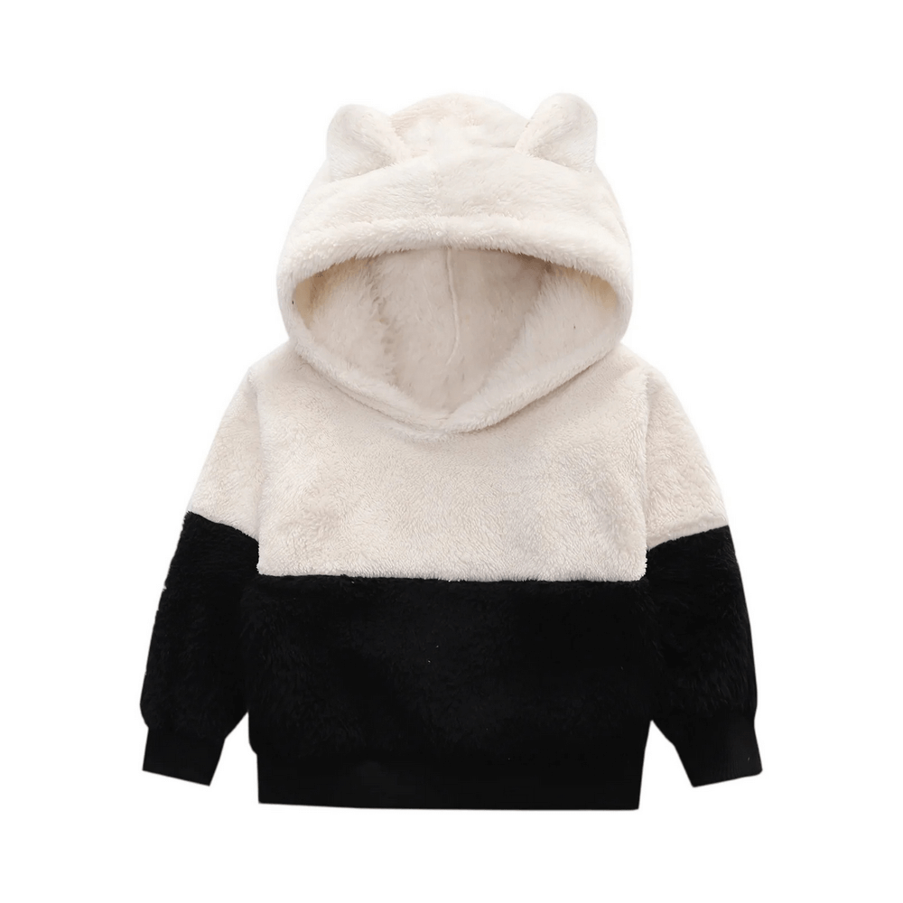 Kids Plush Hoodie with Cute Bear Ears Design - SF3896 in black and white, fuzzy hooded pullover with adorable bear ears for children.