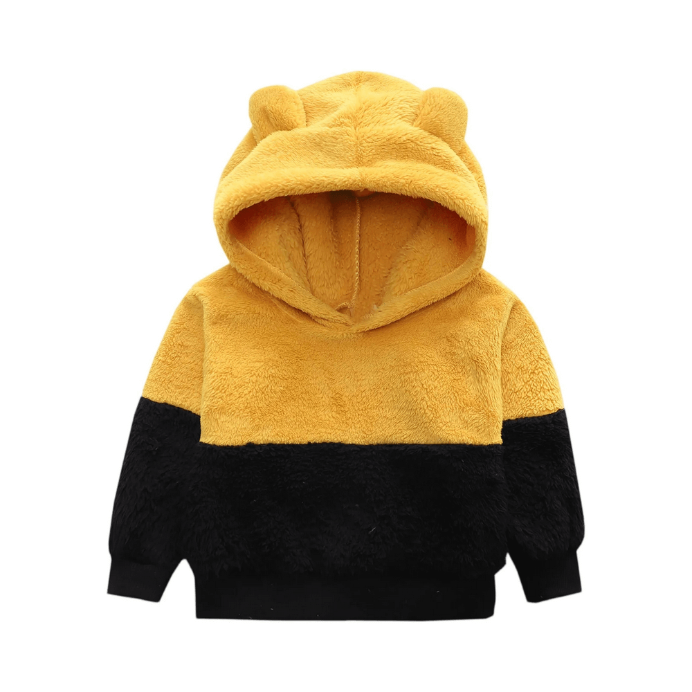 Kids Plush Hoodie with Cute Bear Ears Design - SF3896, yellow and black fuzzy winter pullover with adorable hood for boys and girls.