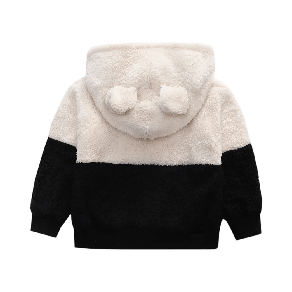 Kids Plush Hoodie with Cute Bear Ears Design - SF3896 in black and white, featuring fuzzy texture and cozy hood for boys and girls.