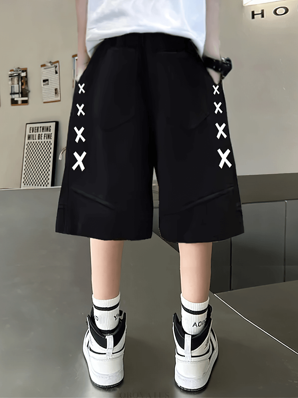 Kids Print Loose Fit Soft Shorts With Pockets - SF3878, black shorts with bold X design, perfect for trendy, active kids.