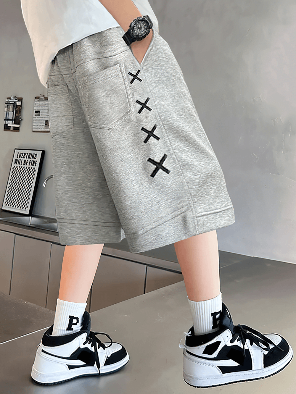 Kids Print Loose Fit Soft Shorts With Pockets - SF3878, gray youth shorts with side stripe, X graphics, and sneakers