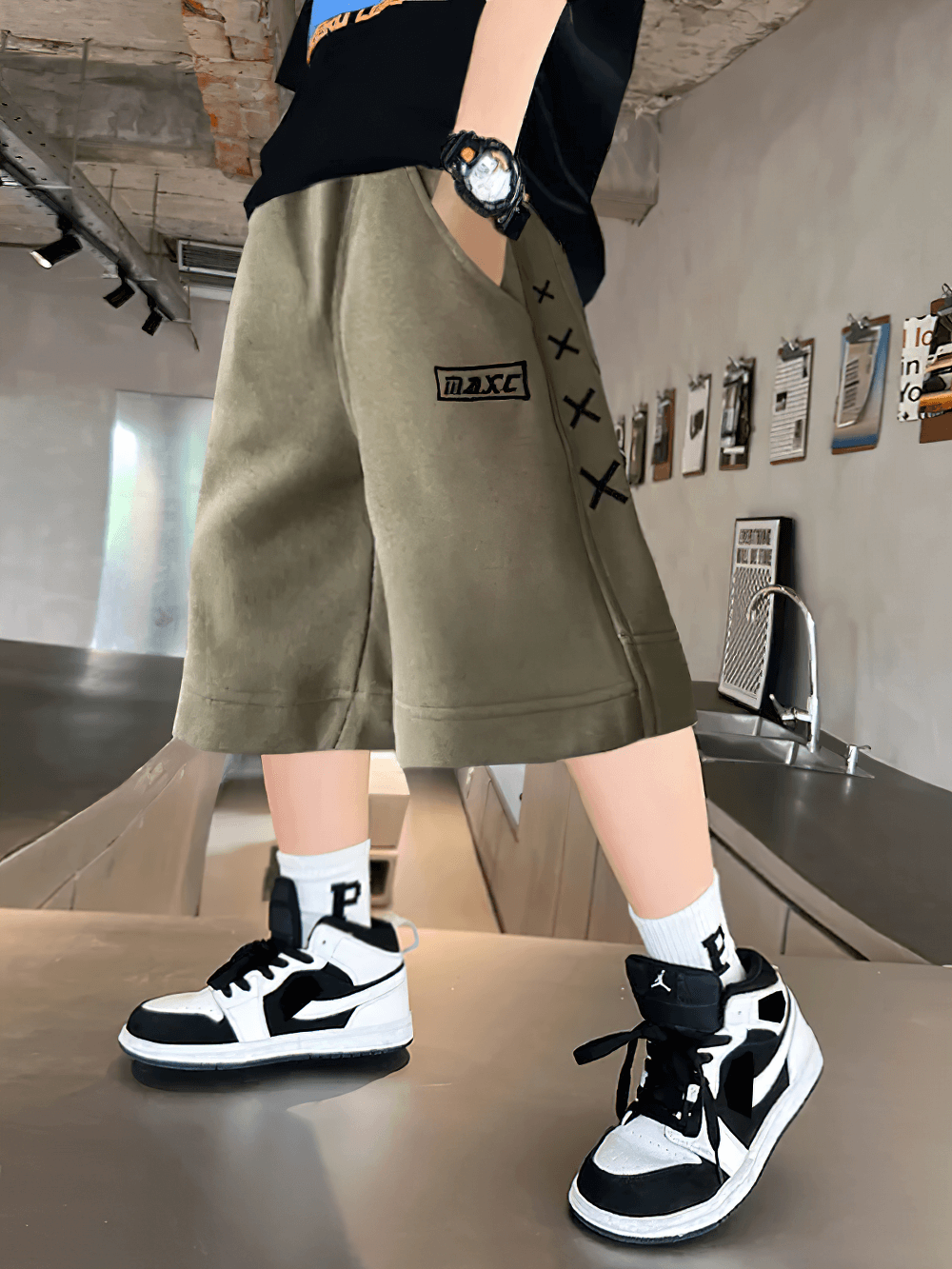 Kids Print Loose Fit Soft Shorts With Pockets - SF3878 featuring bold X graphic design and side stripe for trendy, relaxed style.