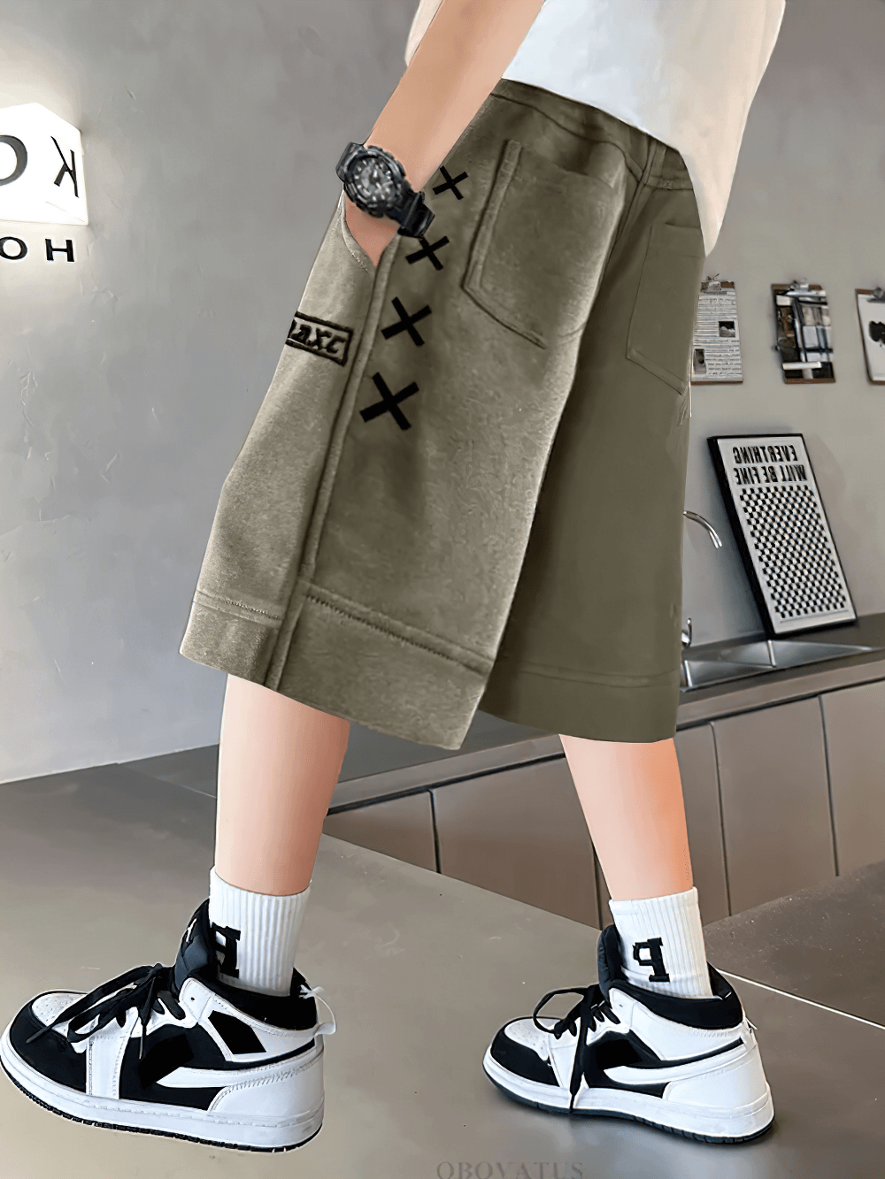 Kids Print Loose Fit Soft Shorts With Pockets - SF3878 featuring bold X graphic and side pockets, perfect for active kids' fashion.