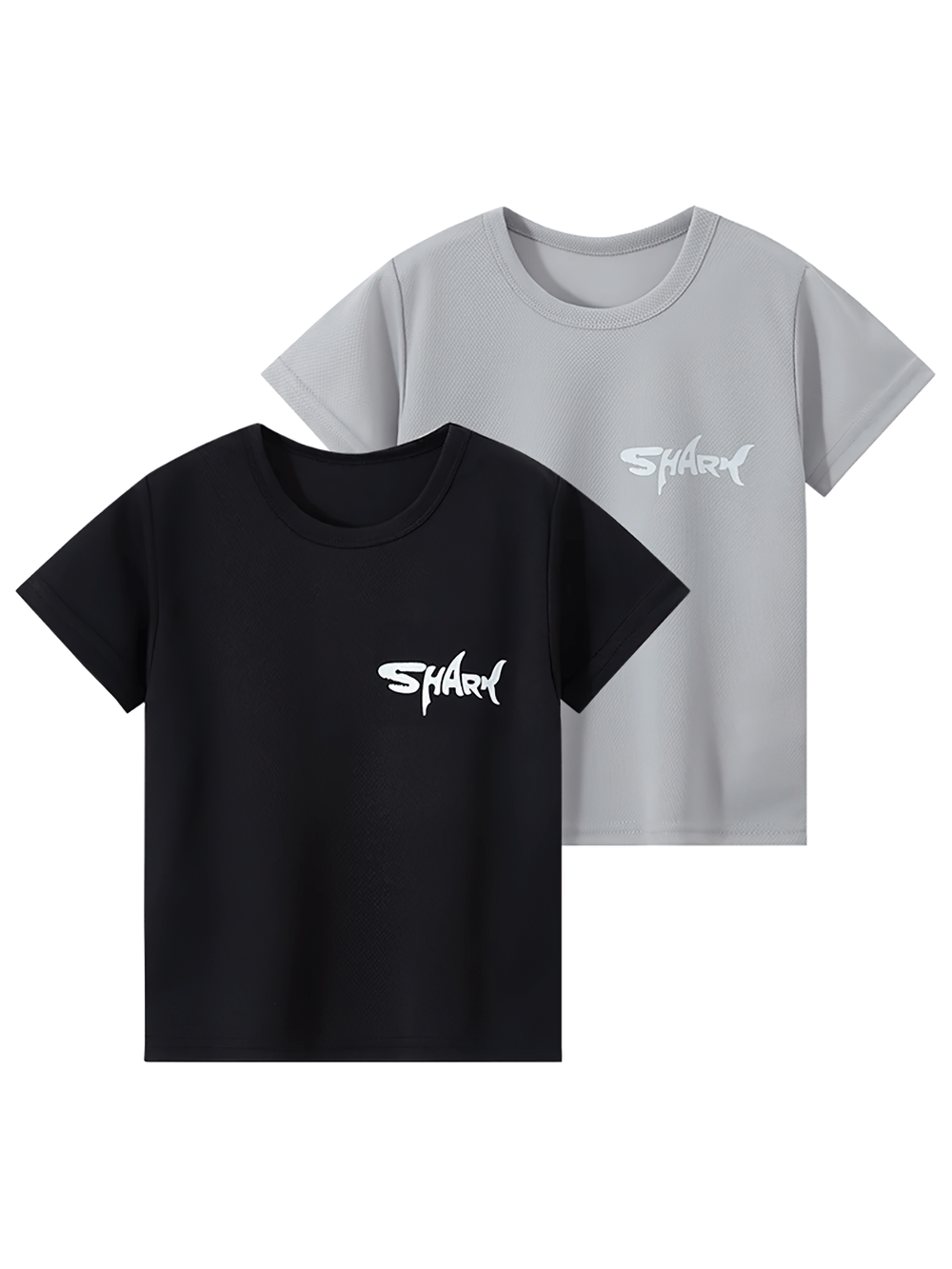Boys' quick-drying shark print t-shirts in black and gray, set of 2, with casual round neck and short sleeves for active kids.