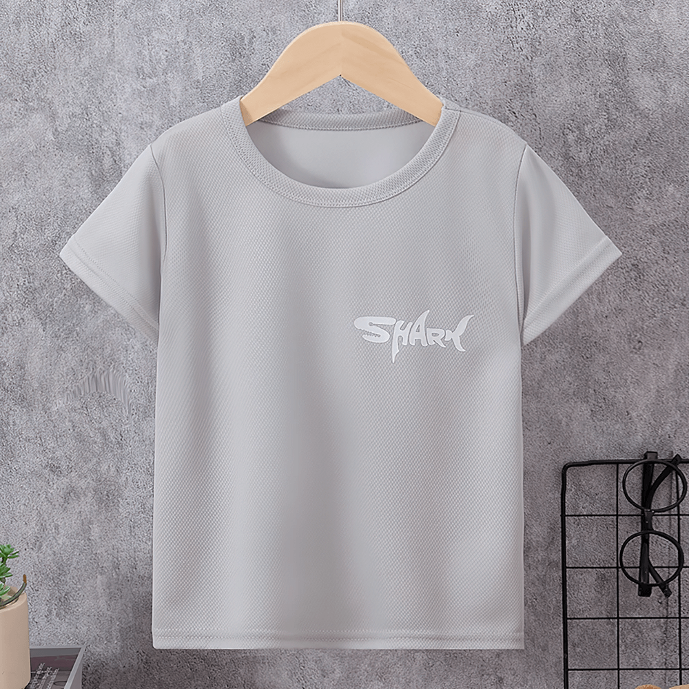 Gray Kids Quick-drying Shark Print Sport T-Shirt on hanger, casual round neck, short sleeves, perfect for active wear – SF3134