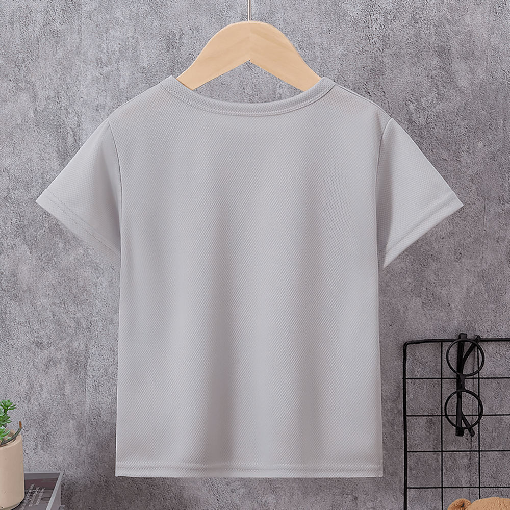 Back view of kids quick-drying grey sports t-shirt hanging on a wooden hanger against a grey background.
