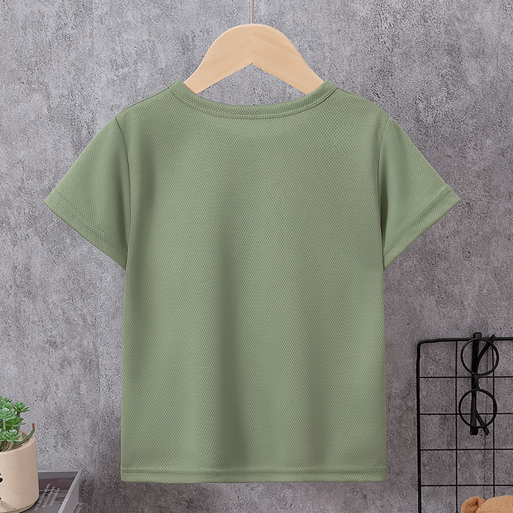 Green kids quick-drying sport t-shirt on hanger against gray background, ideal for active wear and outdoor adventures.