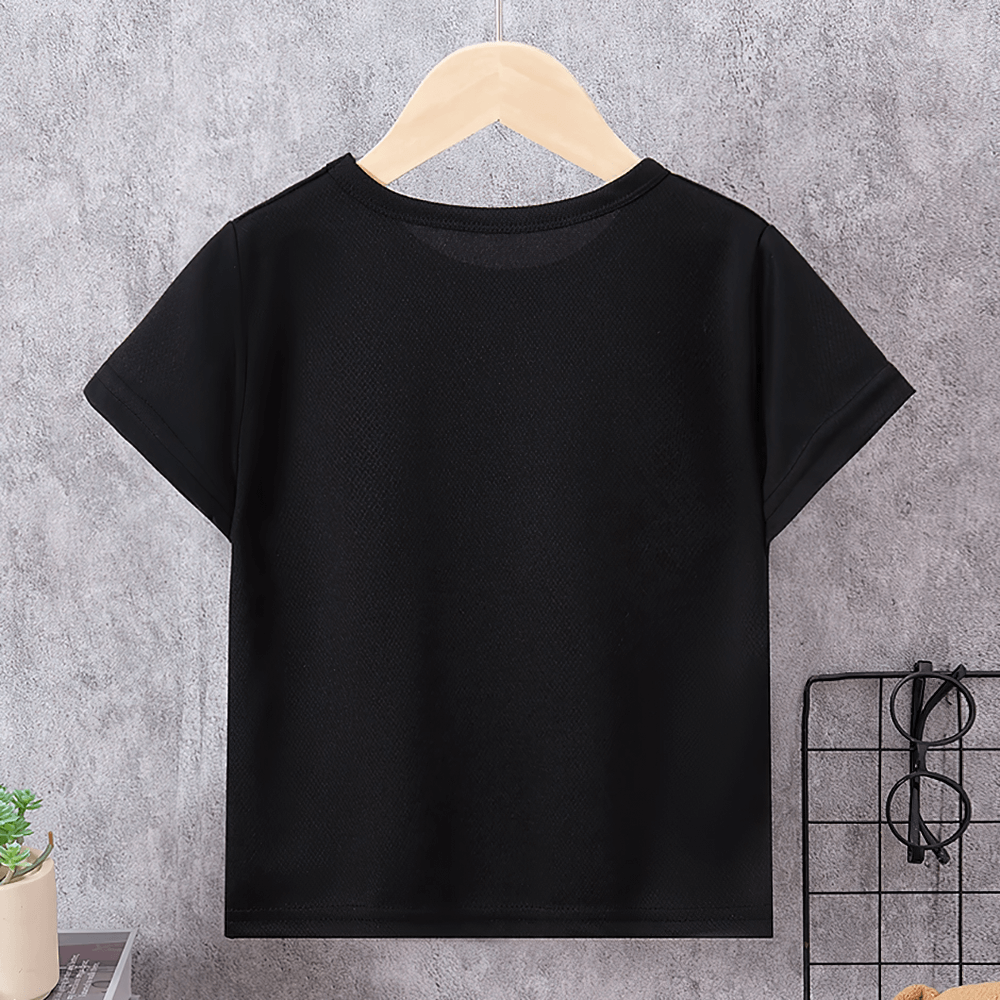Black kids quick-drying sport t-shirt with short sleeves, displayed on a hanger against a gray background.