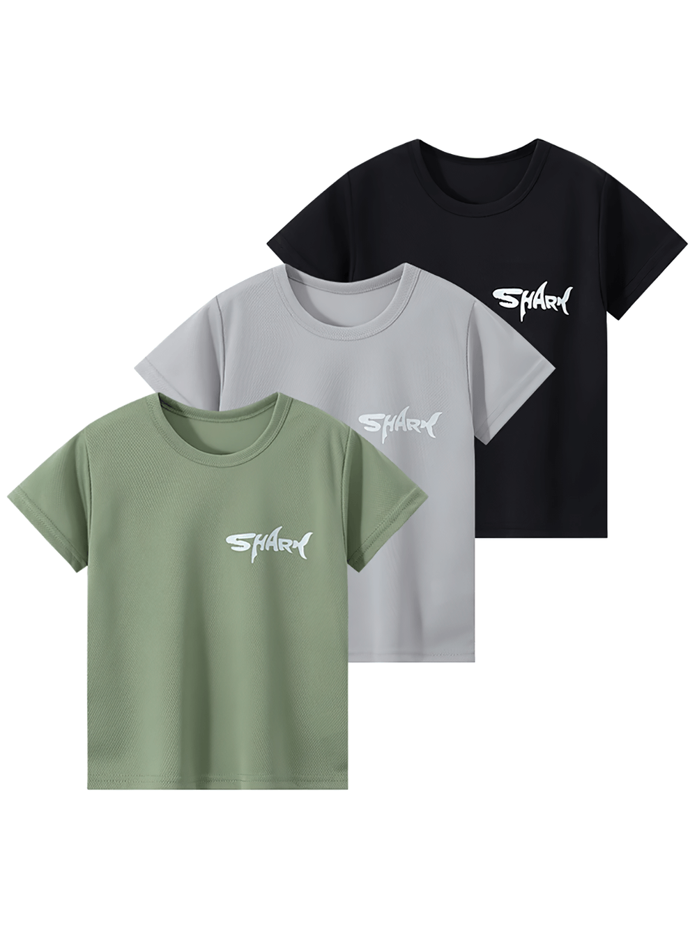 3pcs Kids Quick-drying Shark Print Sport T-Shirts Set - Multicolor casual tees with round neck for active boys.