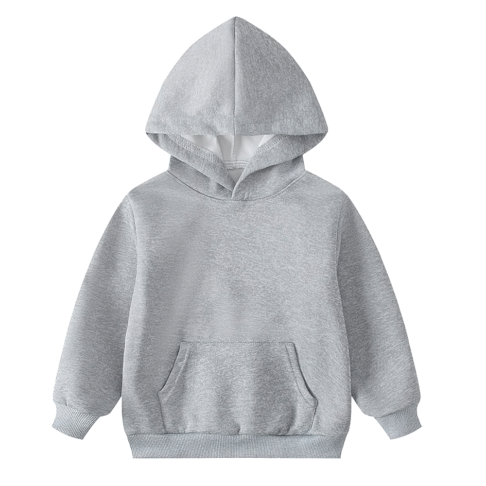 Kids grey pullover hoodie with front pocket and hood for boys and girls, perfect for casual everyday wear and school adventures.