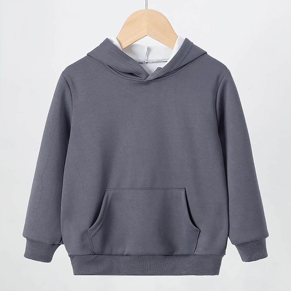 Gray kids pullover hoodie with front pocket and hood, perfect for casual youth wear. Ideal sweatshirt for layering in school or play.