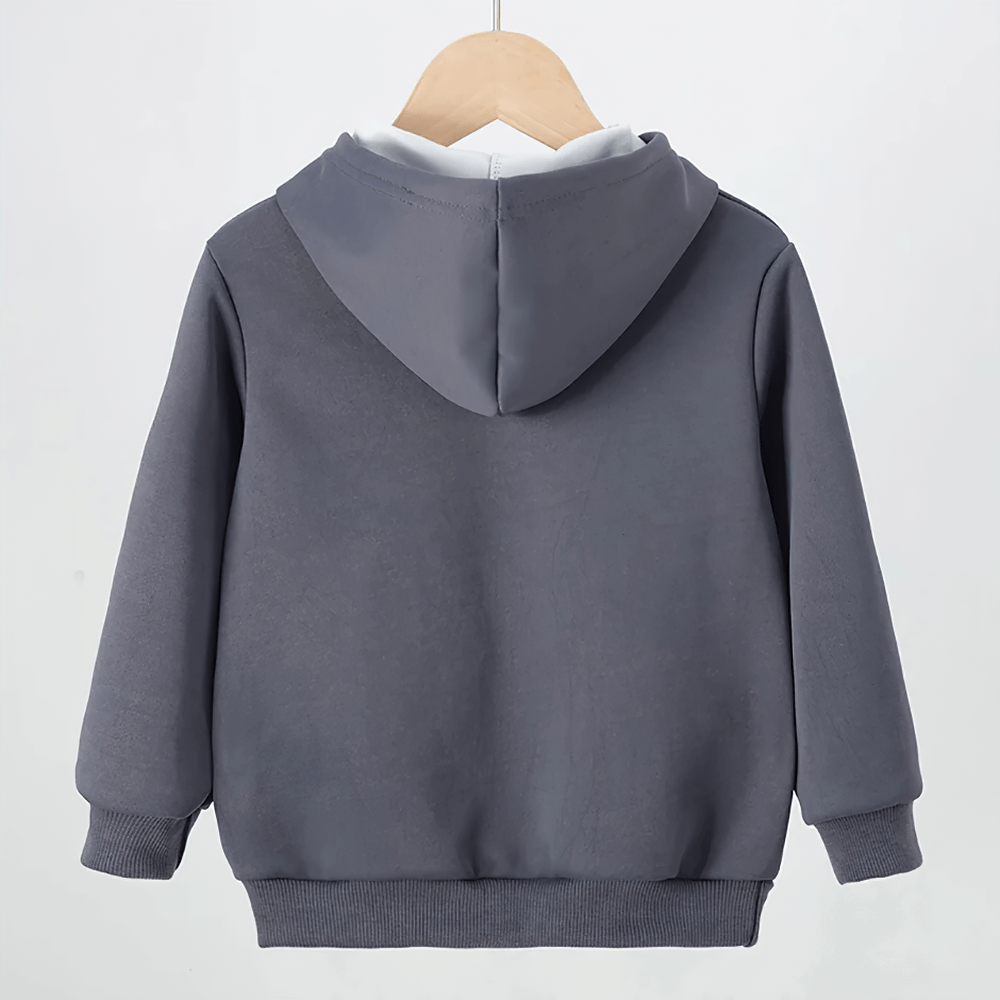 Grey kids pullover hoodie with front pocket and hood, perfect for casual everyday wear. Designed for boys and girls.