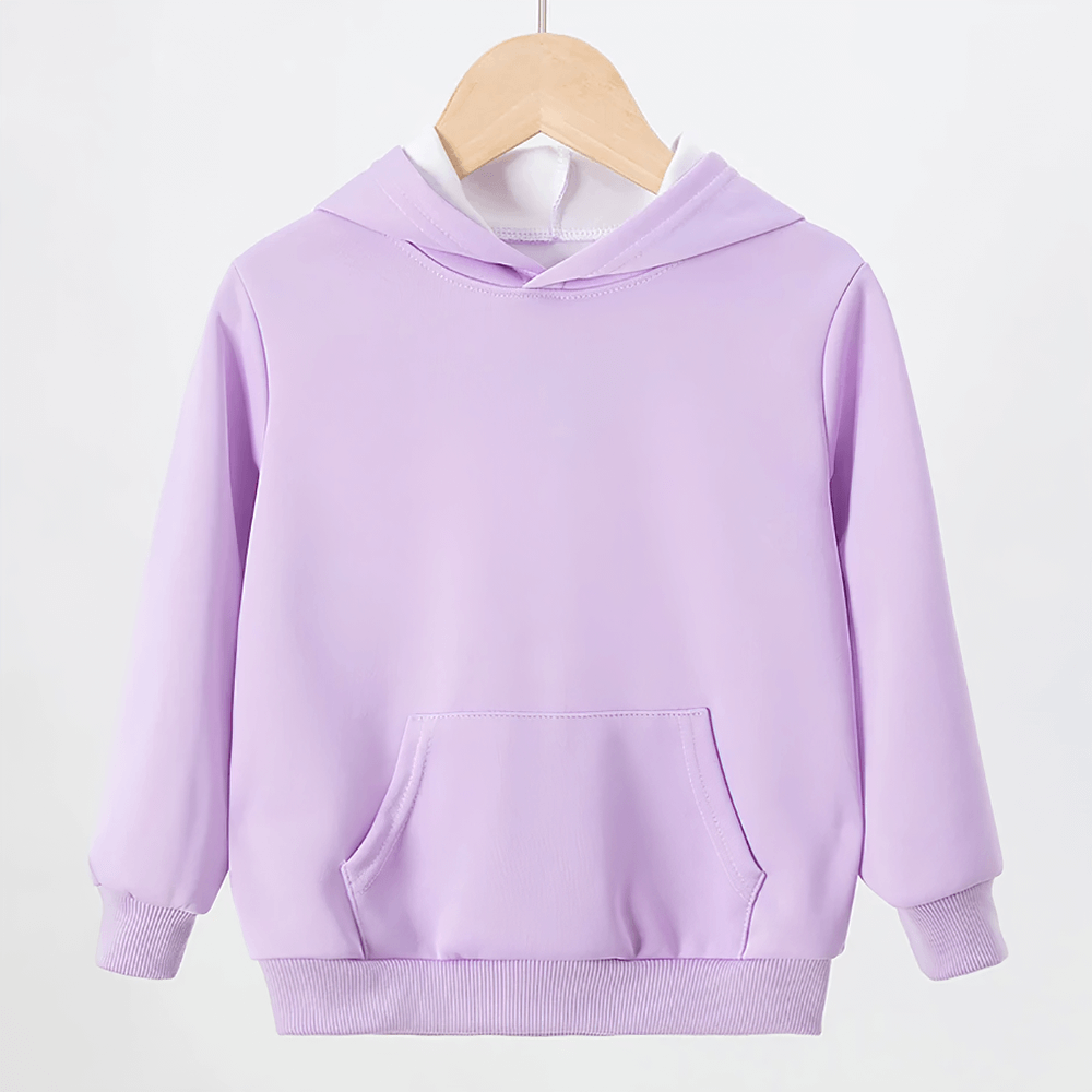 Lilac kids pullover hoodie with front pocket and hood, perfect for boys and girls casual wear.