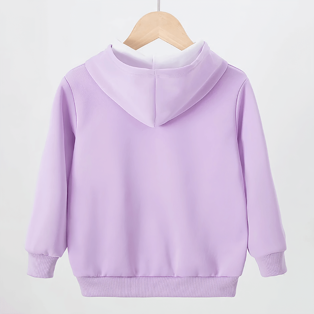 Lilac kids pullover hoodie with front pocket and hood, perfect for boys and girls casual wear, ideal for school and play adventures.