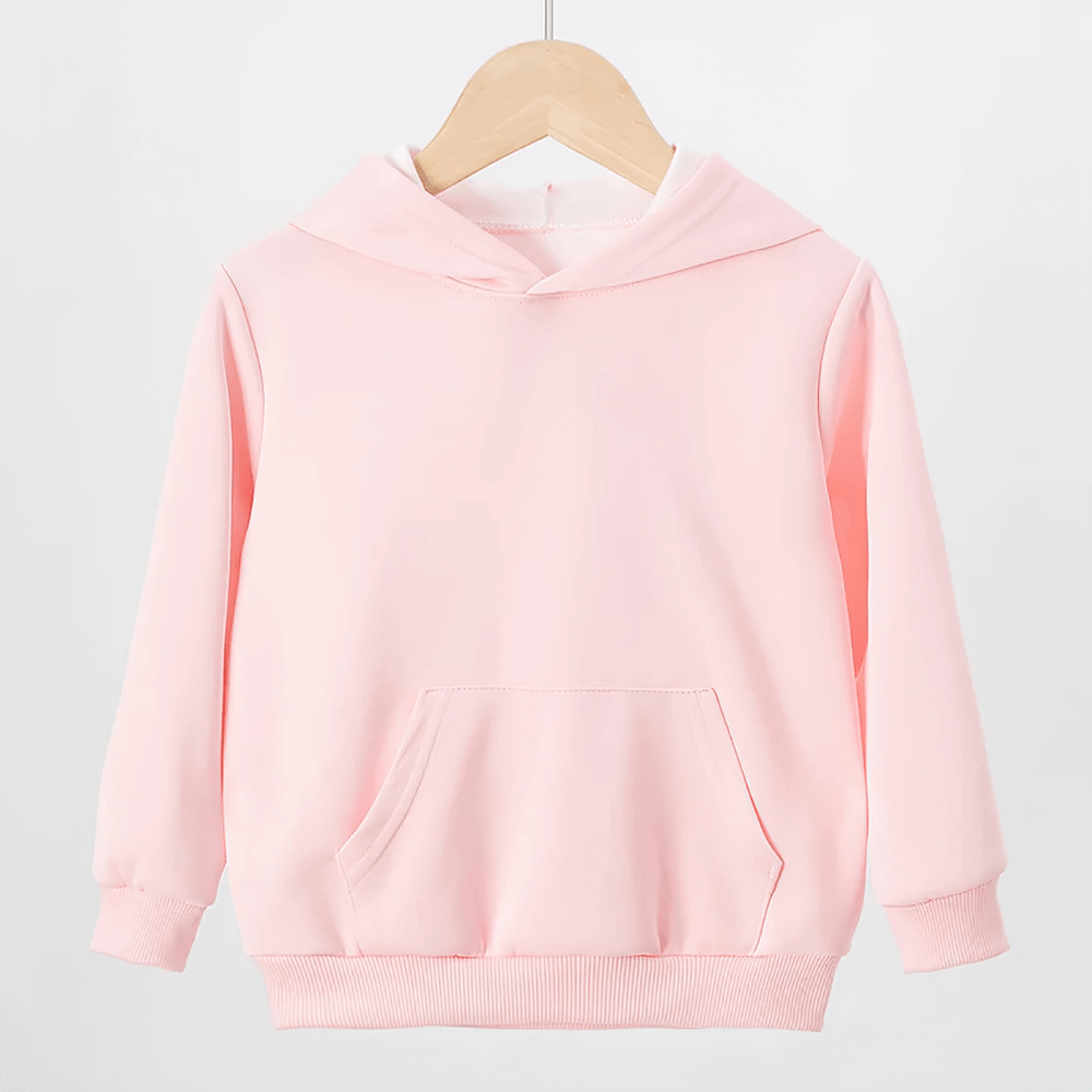 Pink kids pullover hoodie with front pocket and hood, perfect for everyday adventures and layering. Casual youth sweatshirt SF3102.