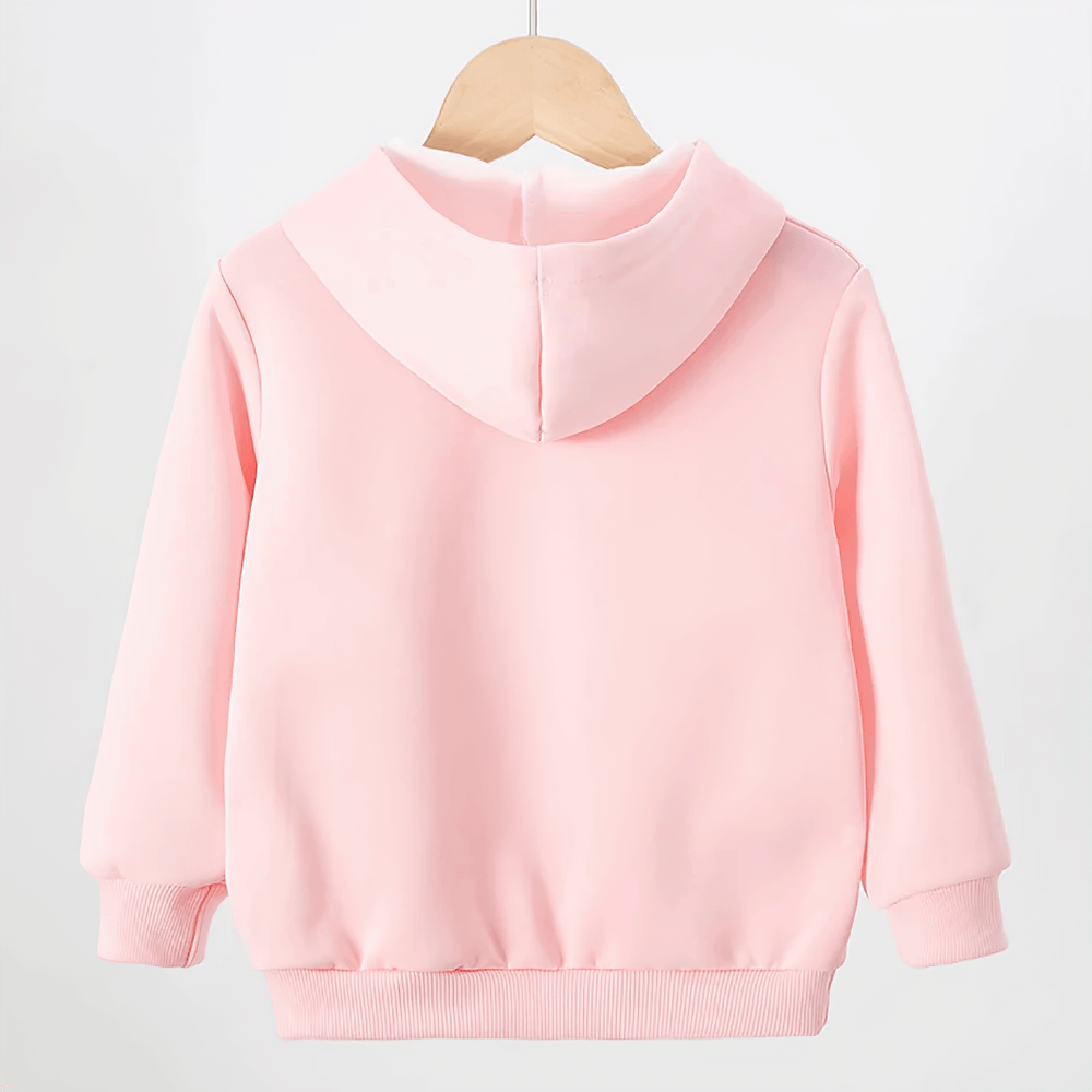 Soft pink kids pullover hoodie with hood and front pocket, perfect for casual wear. Ideal for both boys and girls.