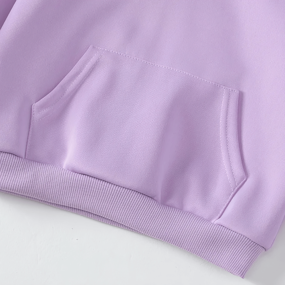 Close-up of lavender kids' pullover hoodie with front pocket, ideal for casual youth wear. Perfect for boys and girls' everyday adventures.