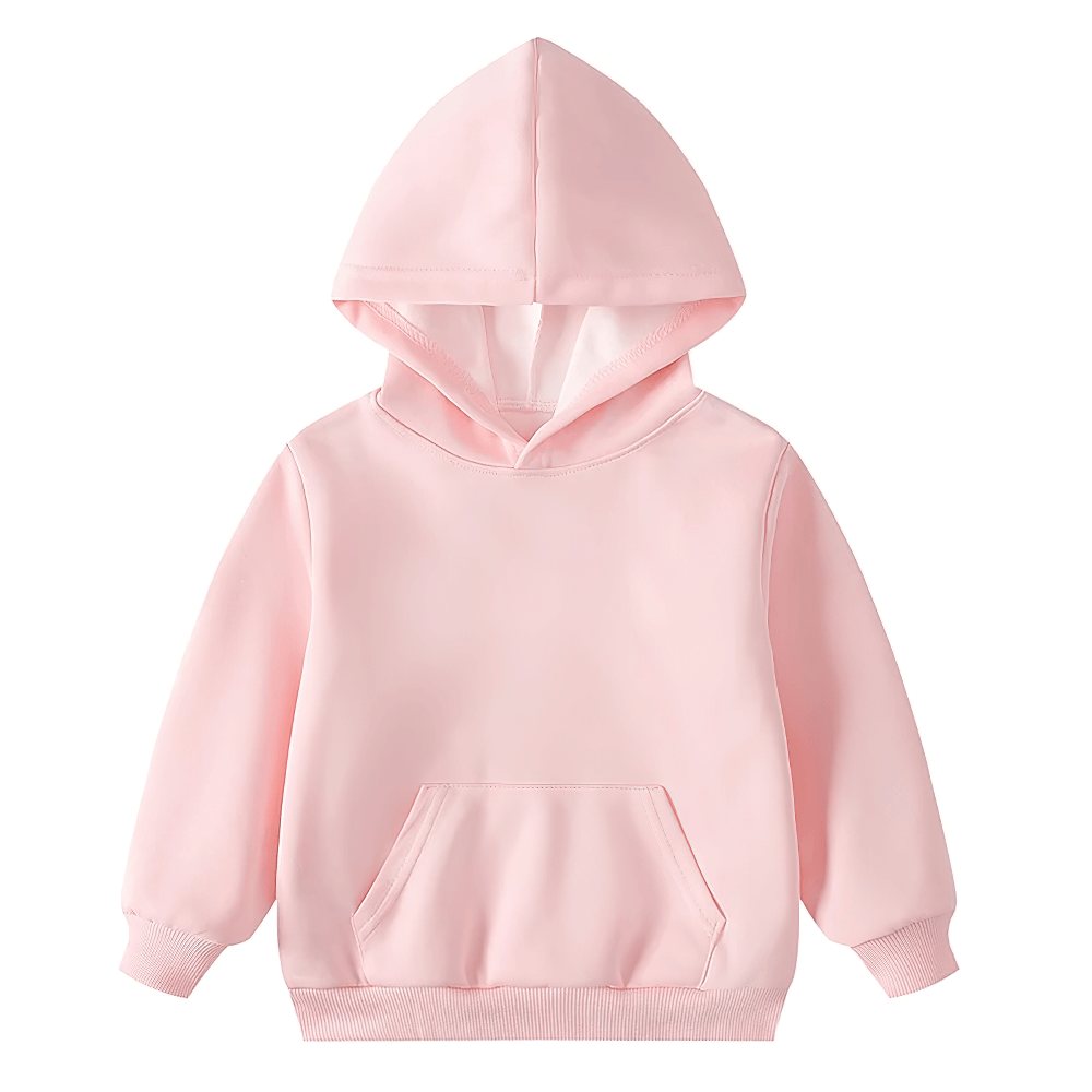 Pink kids pullover hoodie with front pocket and hood, perfect for casual everyday wear. SF3102 youth sweatshirt for boys and girls.