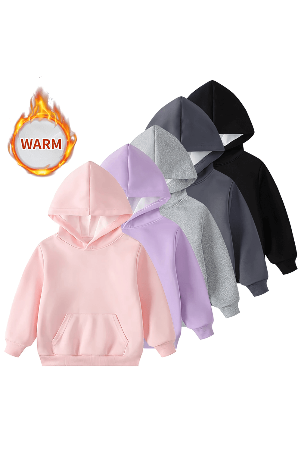 Colorful kids' pullover hoodies with front pocket for boys and girls, featuring a warm design, perfect for everyday wear.