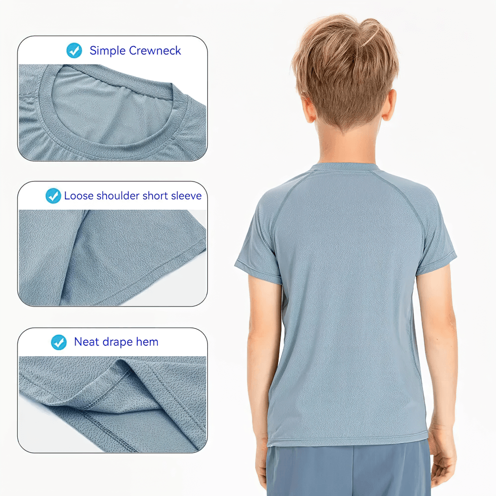 Back view of Kids Quick Dry Sports Crewneck Training T-Shirt - SF3854 showcasing simple crewneck, loose shoulders, and neat drape hem.