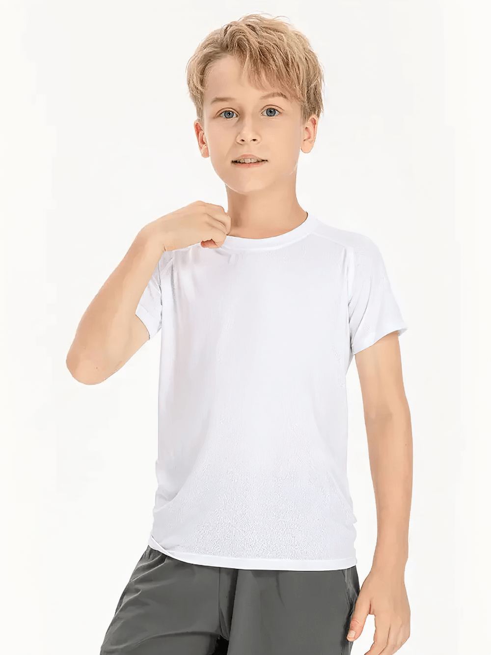 Boy in Kids Quick Dry Sports Crewneck Training T-Shirt - SF3854, white tee, demonstrating active comfort and style.